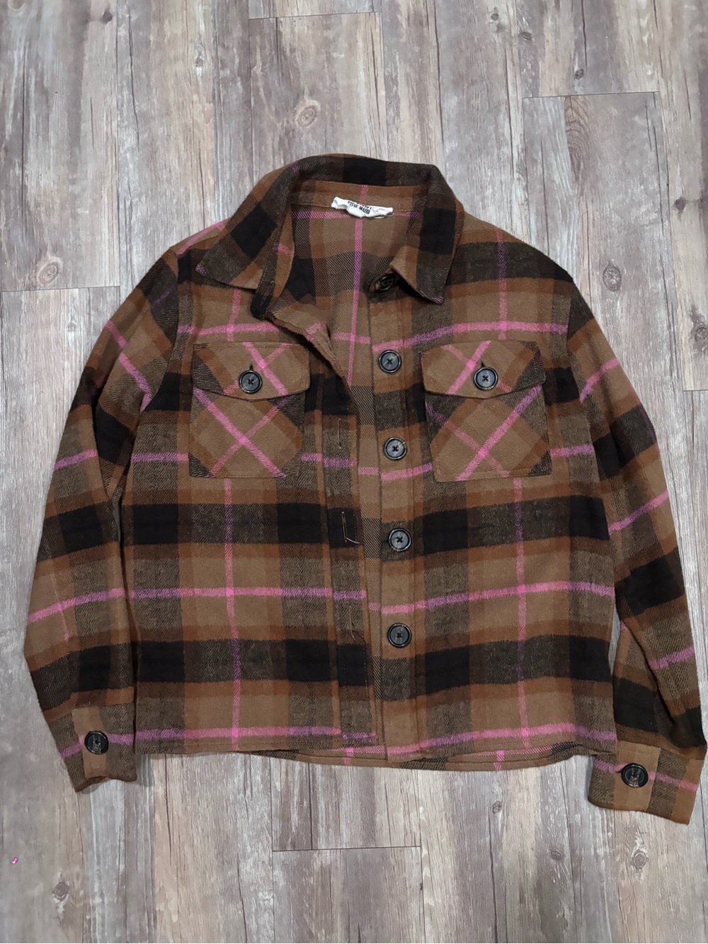 Plaid Button-Front Kids Jacket in Brown and Pink